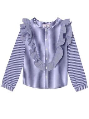 Classic Prep Blue Roman Stripe Ruffle Front Button-Down Shirt Girls Gemma Top 12
